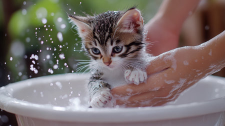 A cute kitten being bathed in a small tub, with its owner gently washing it and playful water splashes, capturing the interaction and cuteness.の素材