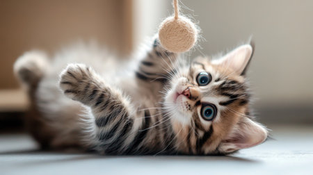 A cute kitten lying on its back, playfully swatting at a dangling toy, in a warm and cozy homeの素材