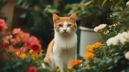 A cute cat sitting calmly in a garden, surrounded by colorful flowers and greenery, with a peaceful expression.の素材