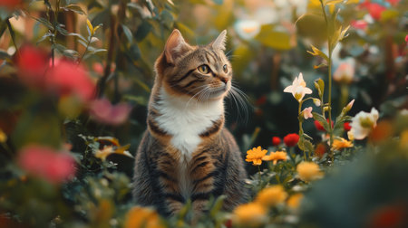 A cute cat sitting calmly in a garden, surrounded by colorful flowers and greenery, with a peaceful expression.の素材