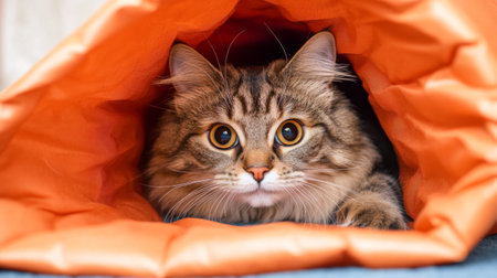 A fat cat playing hide-and-seek with a crinkle tunnel, its head poking out curiously, in a fun and engaging environment.の素材