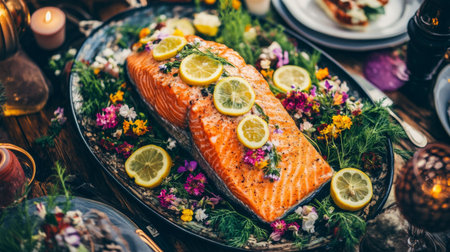 A festive holiday dinner featuring a whole roasted salmon garnished with lemon slices, fresh herbs, and colorful edible flowers.の素材