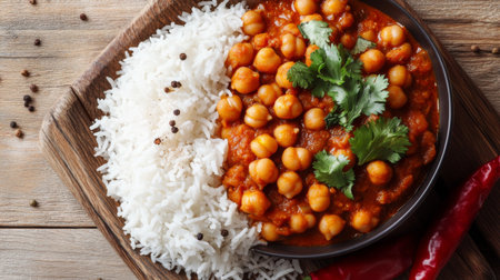 A flavorful bowl of chana masala, spiced chickpea curry cooked with tomatoes, onions, and a blend of Indian spices, served with fluffy riceの素材