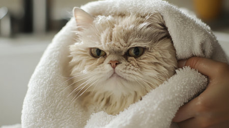 A fat cat being dried off with a fluffy towel by its owner after a bath, capturing a moment of care and affection.の素材