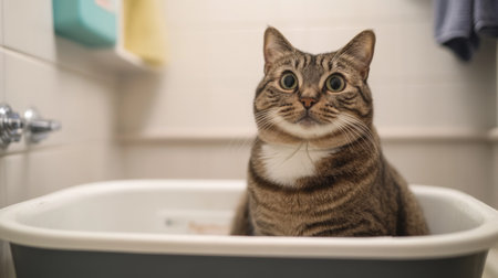A fat cat sitting in a spacious litter box, with its head turned to look at the camera, capturing a candid bathroom momentの素材