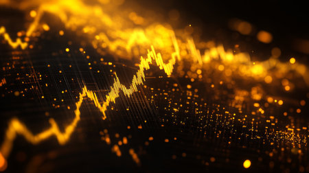 A fluctuating gold price graph on a black background, with gold lines and data points, symbolizing the volatility and potential of gold investments.の素材