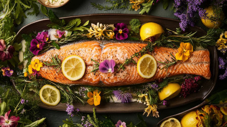 A festive holiday dinner featuring a whole roasted salmon garnished with lemon slices, fresh herbs, and colorful edible flowers.の素材