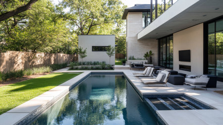 A minimalist backyard with clean lines, a sleek swimming pool, and modern outdoor furniture, providing a stylish and functional outdoor living space.の素材