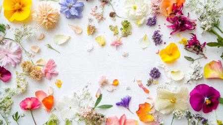 A flat lay of a variety of petals from different flowers, scattered artistically on a white surface, showcasing colors and textures.の素材