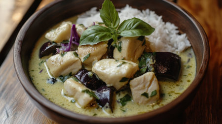 A fragrant bowl of Gaeng Keow Wan, Thai green curry with succulent chunks of fish, Thai eggplant, and basil leaves, served with steamed rice.の素材