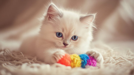 A fluffy white kitten with bright blue eyes playfully batting at a colorful toy, set against a soft, neutral background to highlight its cuteness.の素材