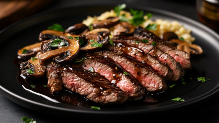 A gourmet steak dinner arranged on a chic black plate, with slices of tender steak, saut mushrooms, and a drizzle of balsamic glaze.の素材