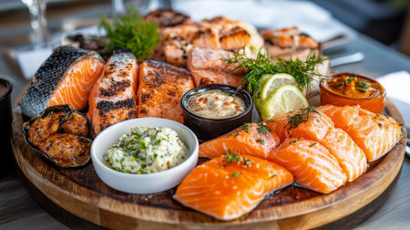 A gourmet seafood platter showcasing a variety of salmon preparations, including grilled, poached, and smoked, served with dipping sauces.の素材