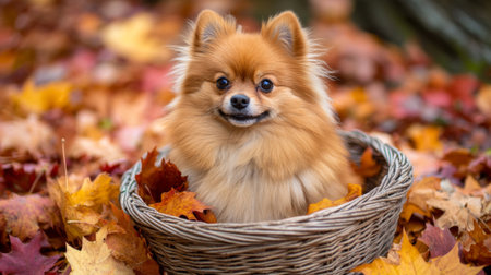 A fluffy dog sitting in a basket, surrounded by colorful autumn leaves, looking content and cozy.の素材