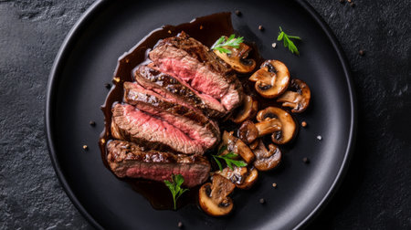 A gourmet steak dinner arranged on a chic black plate, with slices of tender steak, saut mushrooms, and a drizzle of balsamic glaze.の素材