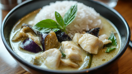 A fragrant bowl of Gaeng Keow Wan, Thai green curry with succulent chunks of fish, Thai eggplant, and basil leaves, served with steamed rice.の素材