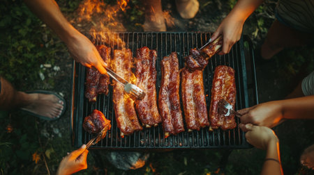 A group of friends gathered around a barbecue grill, flipping succulent pork ribs and enjoying the outdoor grilling experience togetherの素材