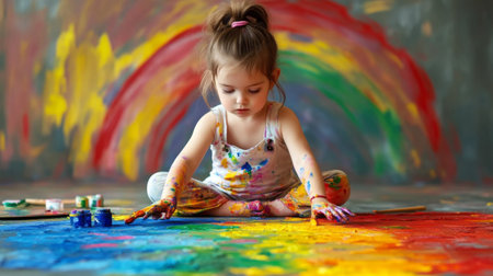 A little girl painting a picture of a rainbow, her face focused and her clothes splattered with various colorsの素材