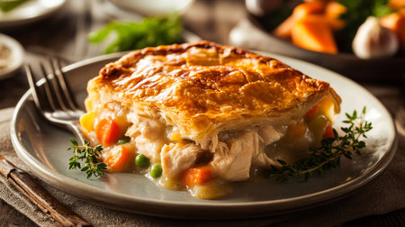 A hearty plate of chicken pot pie, with flaky pastry crust encasing a creamy filling of chicken, vegetables, and gravy, a comforting homemade meal.の素材
