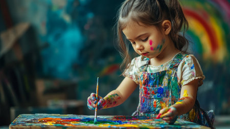 A little girl painting a picture of a rainbow, her face focused and her clothes splattered with various colorsの素材