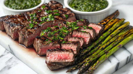 A gourmet steak platter served on a marble slab, with succulent slices of steak, grilled asparagus, and a side of tangy chimichurri sauceの素材