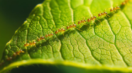 A leaf with several small ants marching in a line, with a clear focus on their tiny bodies and the veins of the leaf beneath them.の素材