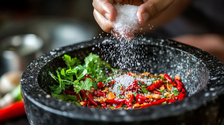 A hand sprinkling salt into a mortar filled with fresh Thai chili peppers, garlic, and herbs, preparing a fragrant and spicy Thai chili paste.の素材