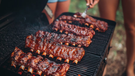 A group of friends gathered around a barbecue grill, flipping succulent pork ribs and enjoying the outdoor grilling experience togetherの素材