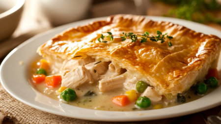 A hearty plate of chicken pot pie, with flaky pastry crust encasing a creamy filling of chicken, vegetables, and gravy, a comforting homemade meal.の素材