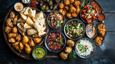 A mouthwatering platter of Indian street food, featuring spicy chaat, crispy pakoras, and savory samosas, offering a burst of flavors and textures.の素材
