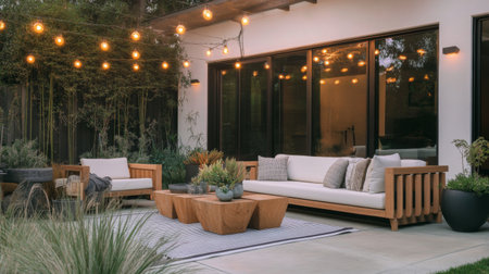 A minimalist patio with modern outdoor furniture, geometric planters, and string lights, providing a stylish and inviting space for outdoor relaxation.の素材