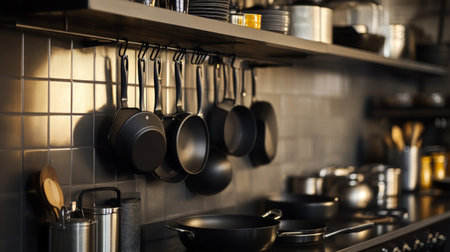A modern kitchen scene with sleek black pots, pans, and cooking utensils hanging from a metal rack, adding a touch of sophistication to the culinary space.の素材