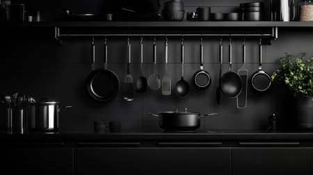 A modern kitchen scene with sleek black pots, pans, and cooking utensils hanging from a metal rack, adding a touch of sophistication to the culinary space.の素材
