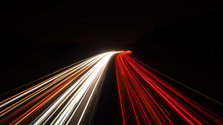 A night scene of an expressway with light trails from vehicles creating dynamic streaks, illustrating the energy and movement of late-night traffic.の素材