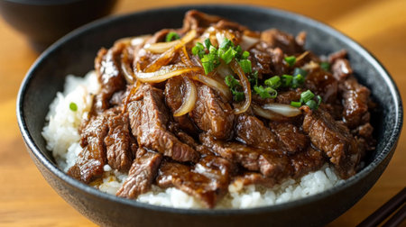 A plate of delicious donburi topped with thinly sliced beef and onions simmered in a sweet and savory sauce, served over a bowl of fluffy rice.の素材
