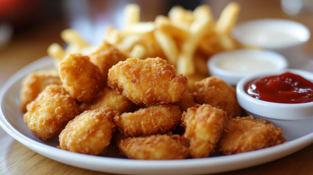 A plate of crispy chicken nuggets served with a variety of dipping sauces, including ketchup, barbecue, and ranch, a favorite snack for kids and adults alike.の素材