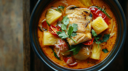 A mouthwatering bowl of Kaeng Som, Thai sour curry with fish, pineapple, tomatoes, and herbs, offering a perfect balance of tangy and spicy flavors.の素材