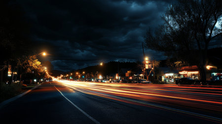 A nighttime view of a street lined with illuminated streetlights casting a warm glow over the road, with cars passing by and a dark sky overhead.の素材