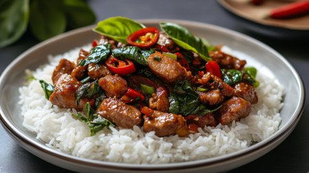 A mouthwatering plate of Pad Krapow Moo, Thai basil pork stir-fry with chili, garlic, and holy basil, served over steamed jasmine rice.の素材