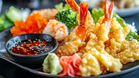 A plate of crispy tempura featuring shrimp, vegetables, and seafood, accompanied by a side of tangy dipping sauce.の素材