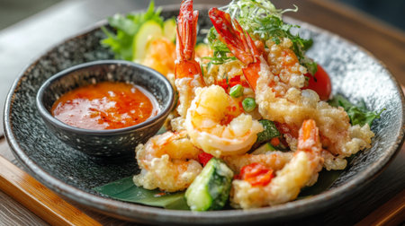 A plate of crispy tempura featuring shrimp, vegetables, and seafood, accompanied by a side of tangy dipping sauce.の素材