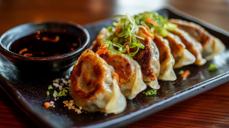 A plate of gyoza, crispy pan-fried dumplings filled with flavorful pork and vegetables, served with a side of soy dipping sauce.の素材