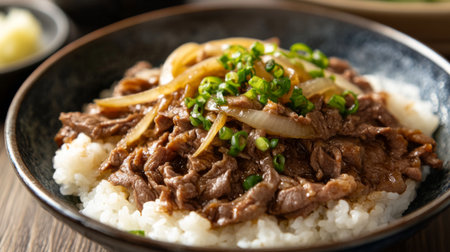 A plate of delicious donburi topped with thinly sliced beef and onions simmered in a sweet and savory sauce, served over a bowl of fluffy rice.の素材