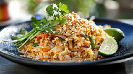 A mouthwatering plate of Pad Thai, garnished with crushed peanuts, lime wedges, and fresh herbs, showcasing the iconic flavors of Thai cuisine.の素材