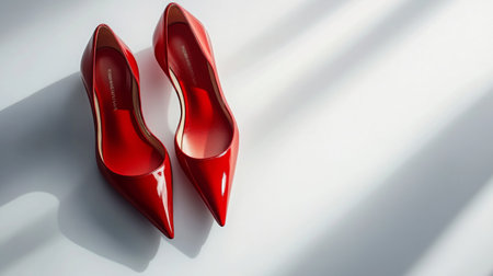 A pair of red high heels on a clean white background, with shadows adding depth, perfect for fashion and luxury advertising.の素材