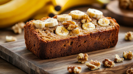 A mouthwatering slice of banana bread, moist and flavorful with ripe bananas, walnuts, and a hint of cinnamon, served on a rustic wooden boardの素材