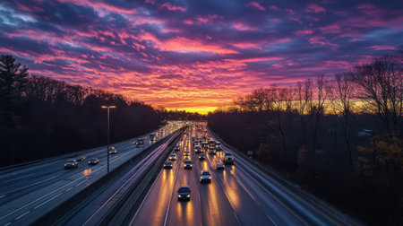 A panoramic view of an expressway during sunset, with vibrant sky colors reflecting off the road and vehicles, highlighting the beauty of evening travel.の素材