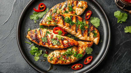 A plate of succulent grilled fish fillets, seasoned and cooked to perfection, garnished with fresh cilantro and sliced chili peppers.の素材