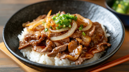 A plate of delicious donburi topped with thinly sliced beef and onions simmered in a sweet and savory sauce, served over a bowl of fluffy rice.の素材