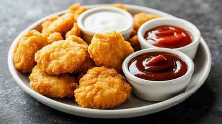 A plate of crispy chicken nuggets served with a variety of dipping sauces, including ketchup, barbecue, and ranch, a favorite snack for kids and adults alike.の素材